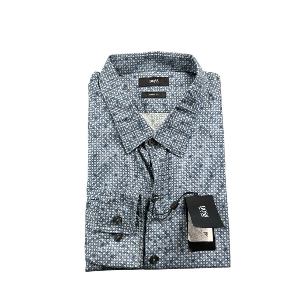 Hugo Boss Blue Geometric Cotton Sharp Fit Mens LS Button Front Shirt 2XL NWT